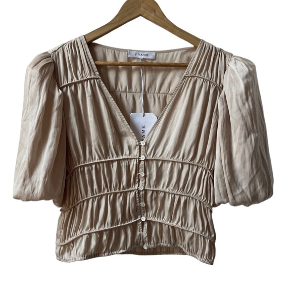 NWT FRAME Julianne Smocked Puff Sleeve Top Size Medium - Picture 3 of 6